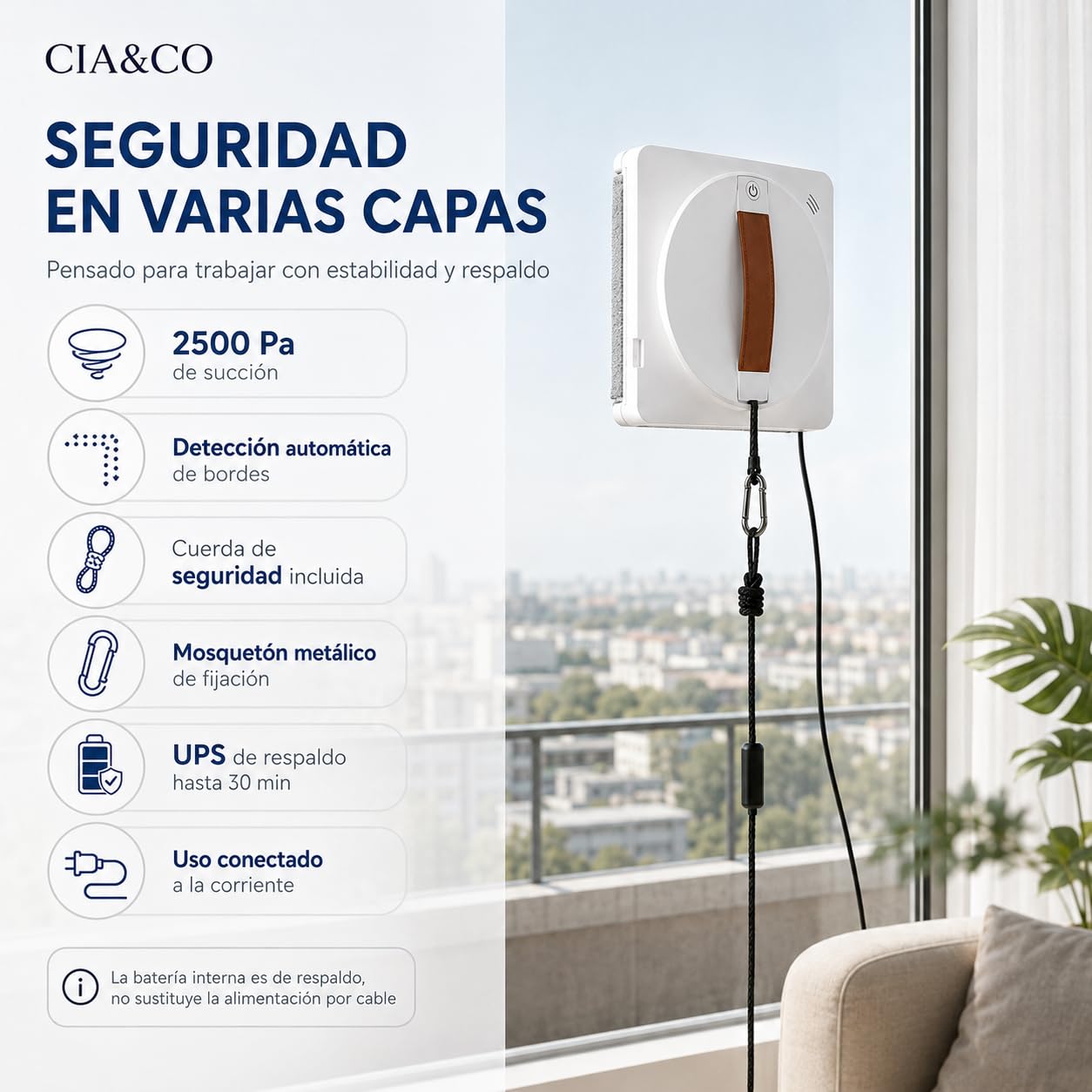 Cia&Co Robot Limpiacristales Automático con App y Mando, Doble Pulverización, 2500 Pa, 3 Modos Z/N, UPS de Respaldo 30 Min y Cuerda de Seguridad para Ventanas y Espejos