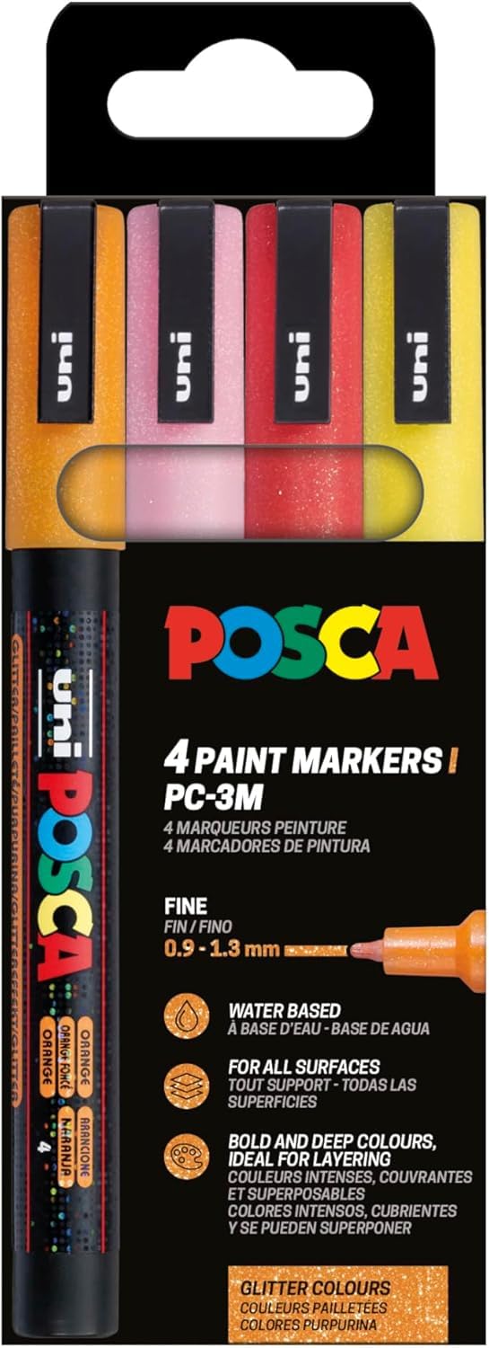 Posca 186531 - Set of 4 PC-3M Glitter Acrylic Pens - Permanent Marker 0.9-1.3mm Round Tip