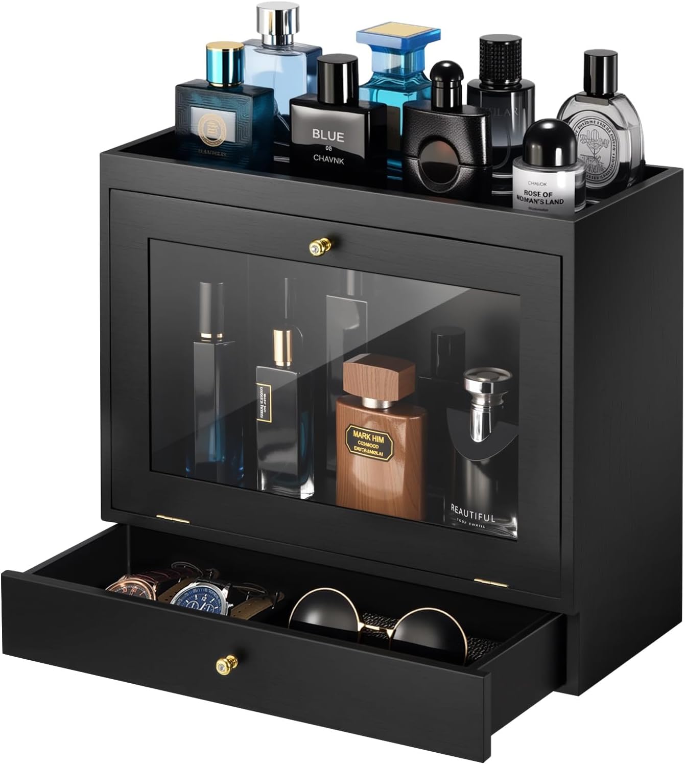 Perfume Organizer for Men, Wood Perfume Display Stand with Velvet Lining Drawer,Capacity Dustproof Perfume Holder for Watch,Jewelry,Perfume Display Risers,A Gift for Men (Black)