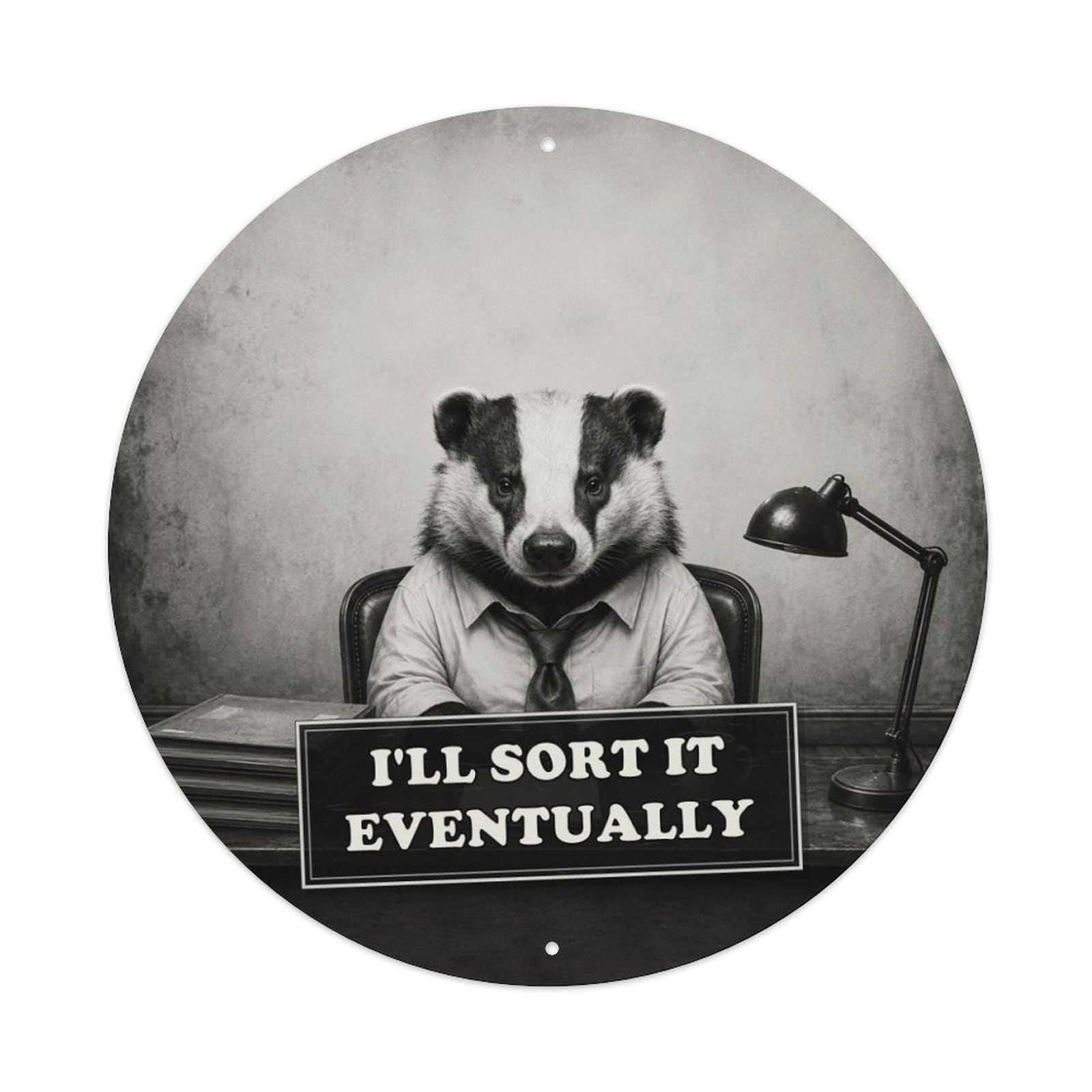 Animal Badger Desk Monochrome Wildlife British Oddity Humor Metal Tin Sign Plaque Wall Decor for Cafe, Man Cave, Club Bar, Office, Home Garden Round Metal Poster 8x8Inch