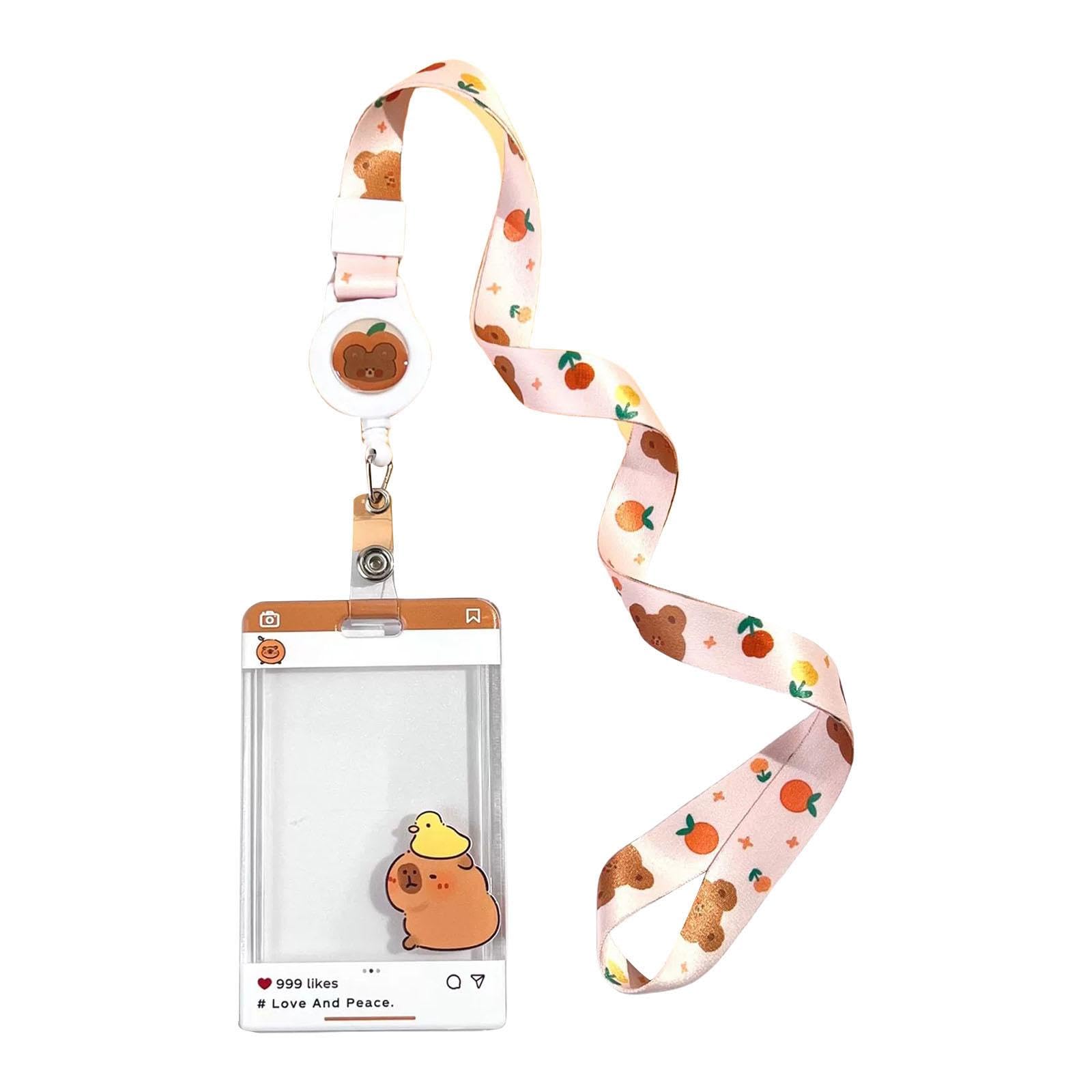 Buxuaaaa Cartoon Card Case with Neck Lanyard Card Protectors Double Side Sleeve with Retractable Badge Reel Portable Sleeve