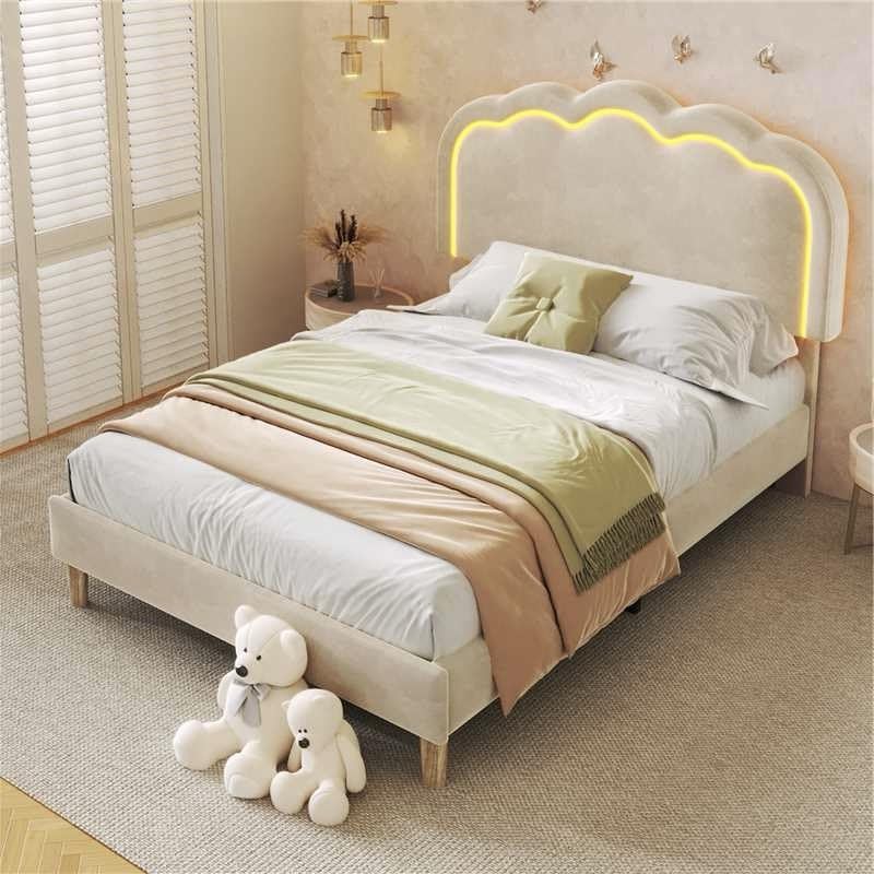 BTM Upholstered Single Bed with LED, Single Bed Frame with Height-adjustable Headboard and Wooden Slats, Teen Bed for Bedroom and Guest Room, 3ft-90x190cm, Beige Velvet, No Mattress