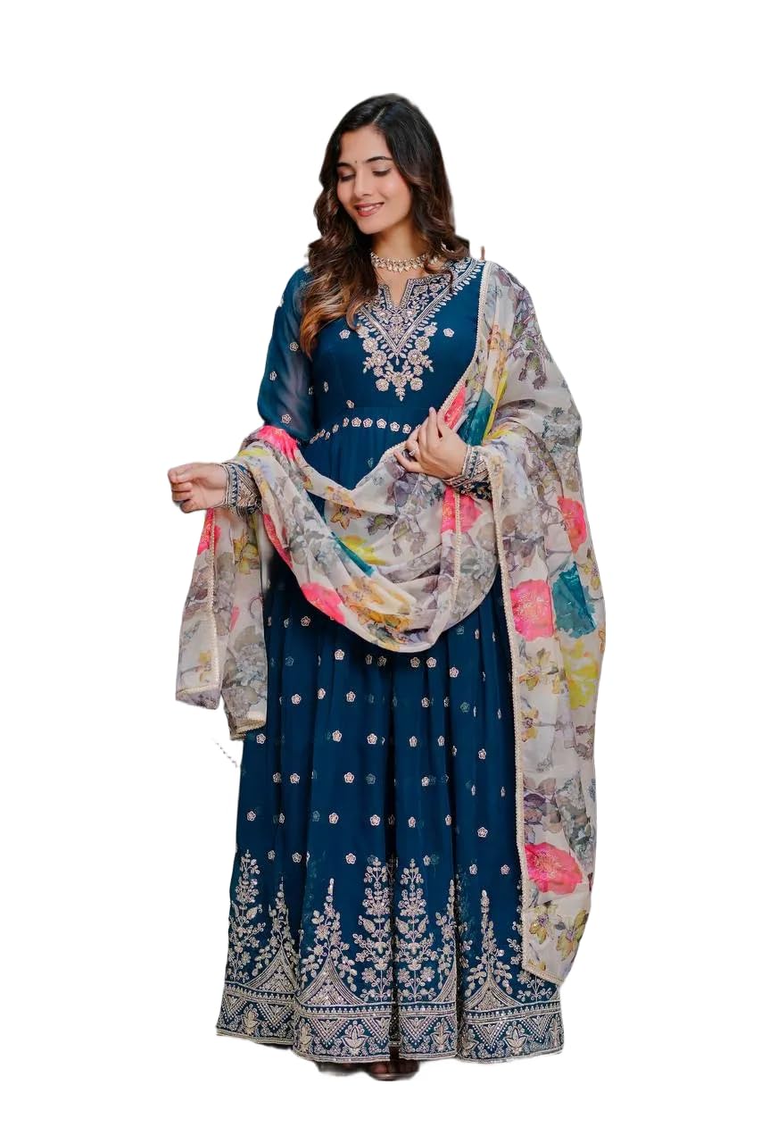 Women's Georgette Embroidered Gown Set with Organza Silk Dupatta, Sequins Work, Fully Stitched Ethnic Wear-image-3