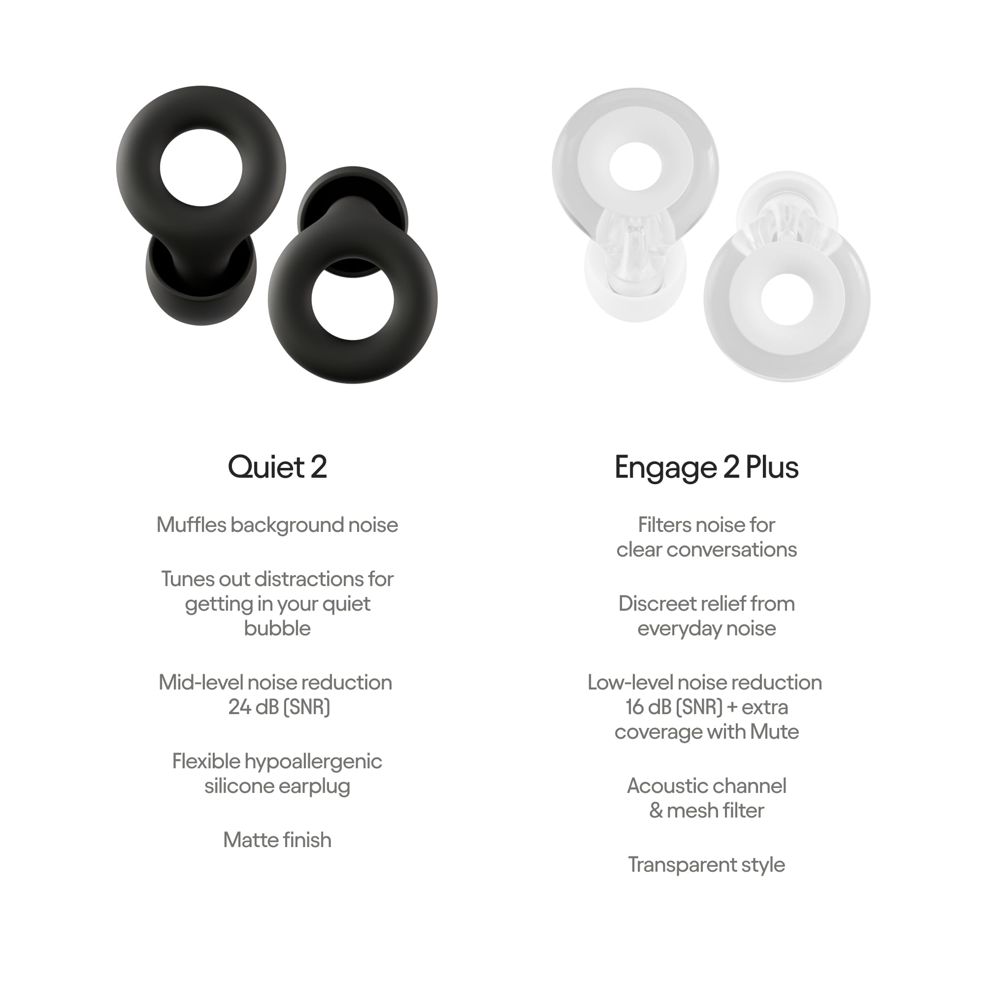 Loop Earplugs, coffret Au Quotidien Plus (lot de deux) – Quiet 2 + Engage 2 Plus | Bouchons d’oreille réutilisables pour le sommeil, la concentration, la sensibilité au bruit