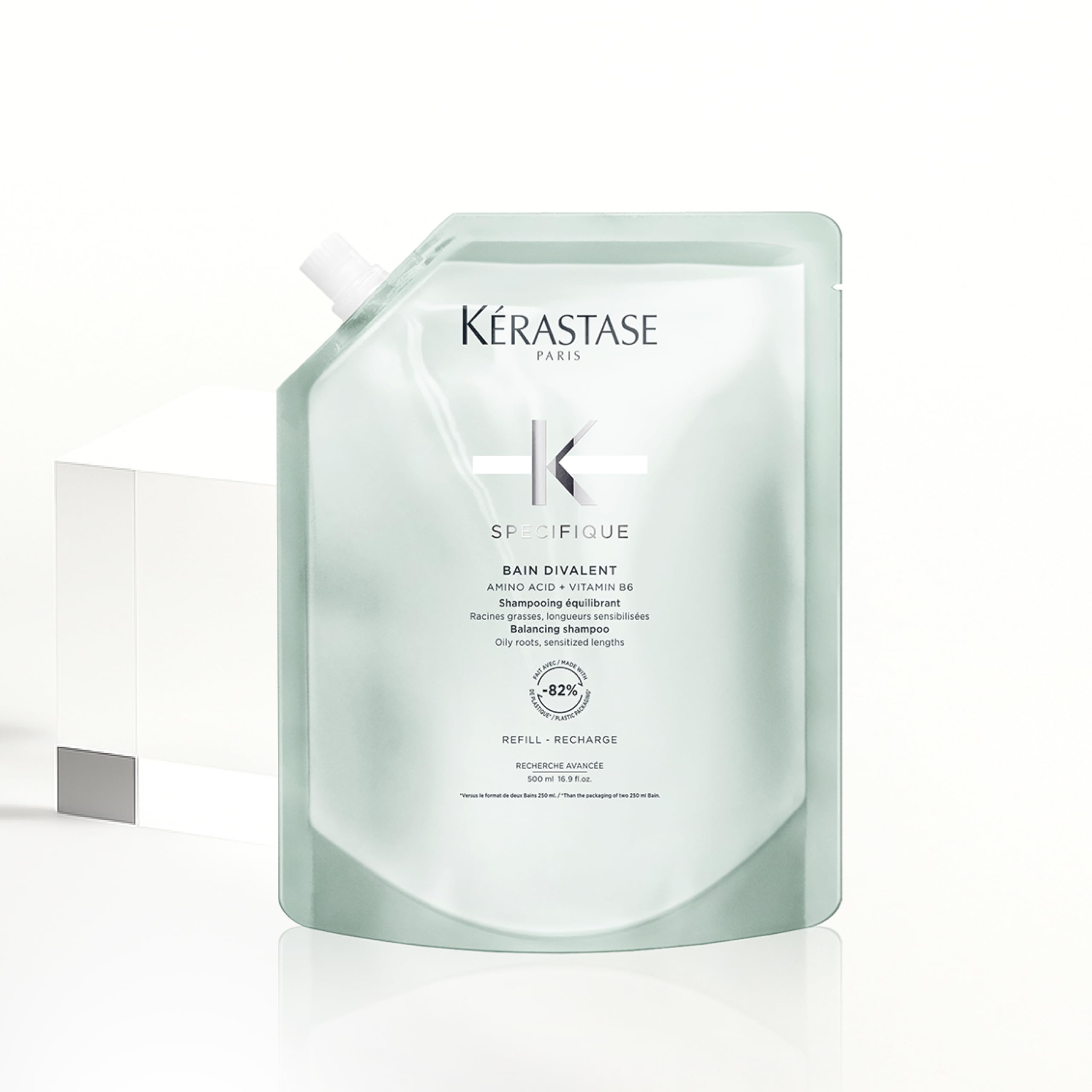 Champú Kérastase para cuero cabelludo graso y puntas maltratadas, baño capilar equilibrante y purificante, Bain Divalent, Spécifique, recarga, 500 ml
