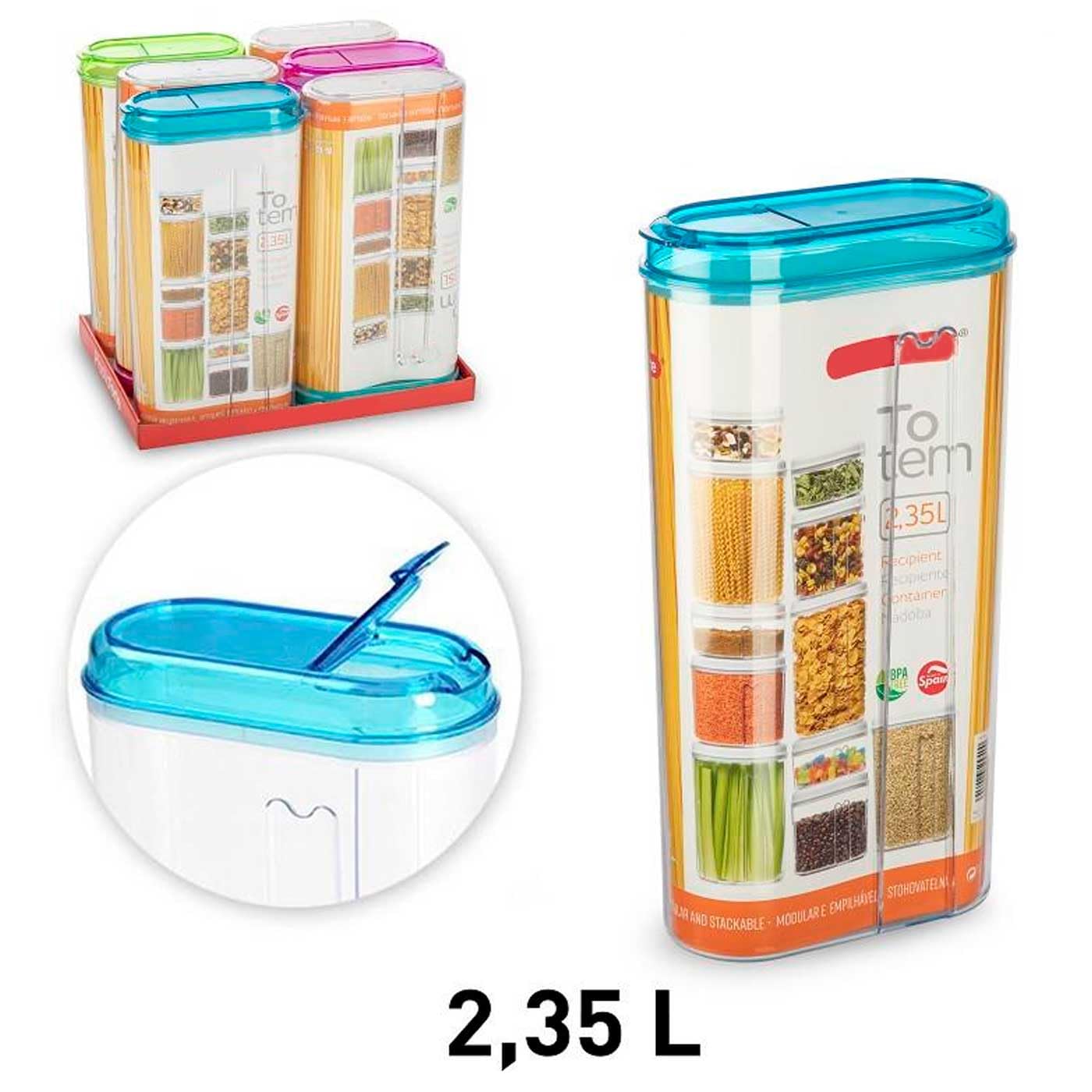Tradineur - Lot de 6 contenants réutilisables en plastique avec couvercle, bocal, rangement, pâtes, céréales, légumes, café, fabriqué en Espagne - 2,35 litres - 29,5 x 15,5 x 7,7 cm - Couleur