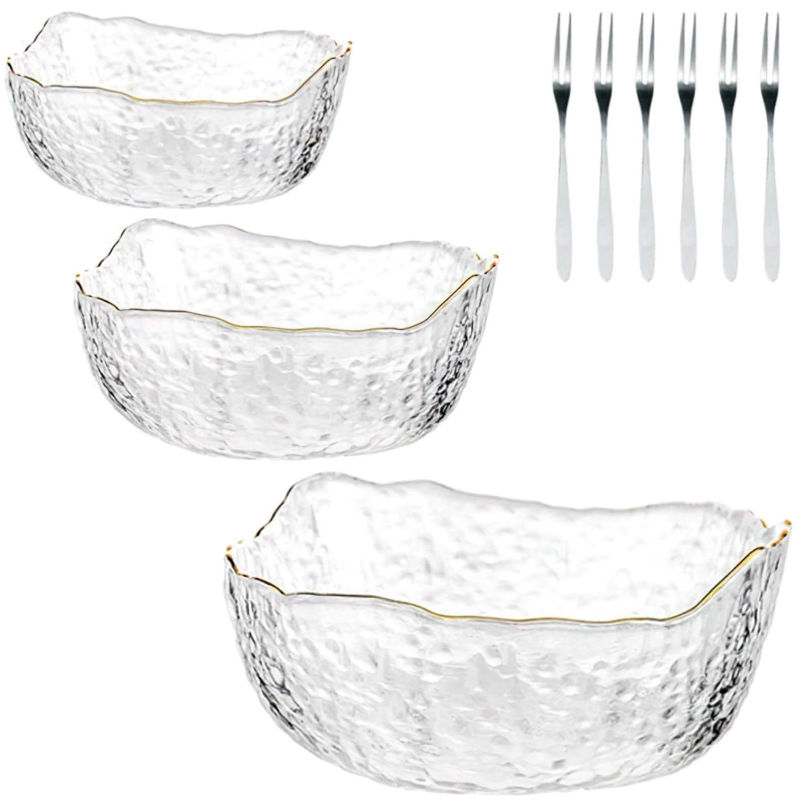 Gold Glasschalen Set Japanisch Elegantes Design 9-teilig Heavy Duty mit Gabeln für Salate Desserts Groß Mittel Alle Schalen