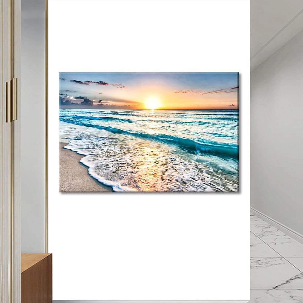TISHIRON Wall Art Sandy Beach Sunrise Pictures Painting on Canvas Wall Art Modern Framed Seaside Canvas Prints Ready To Hang(24X16in) — view 47