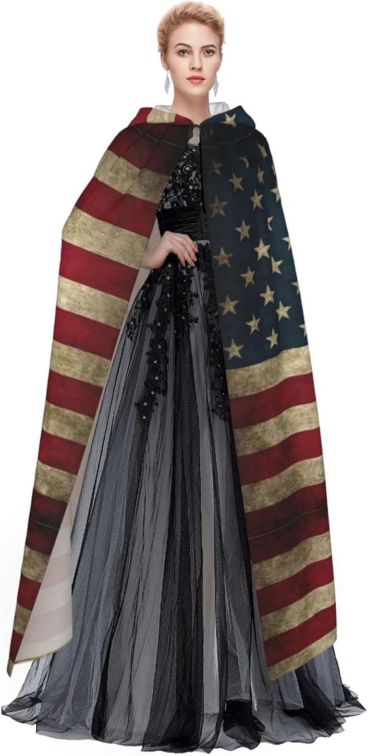 American Flag Print Men Hooded Cloak,Wizard Hooded Robe,Witch Cape Cosplay Costume Halloween Party Capes