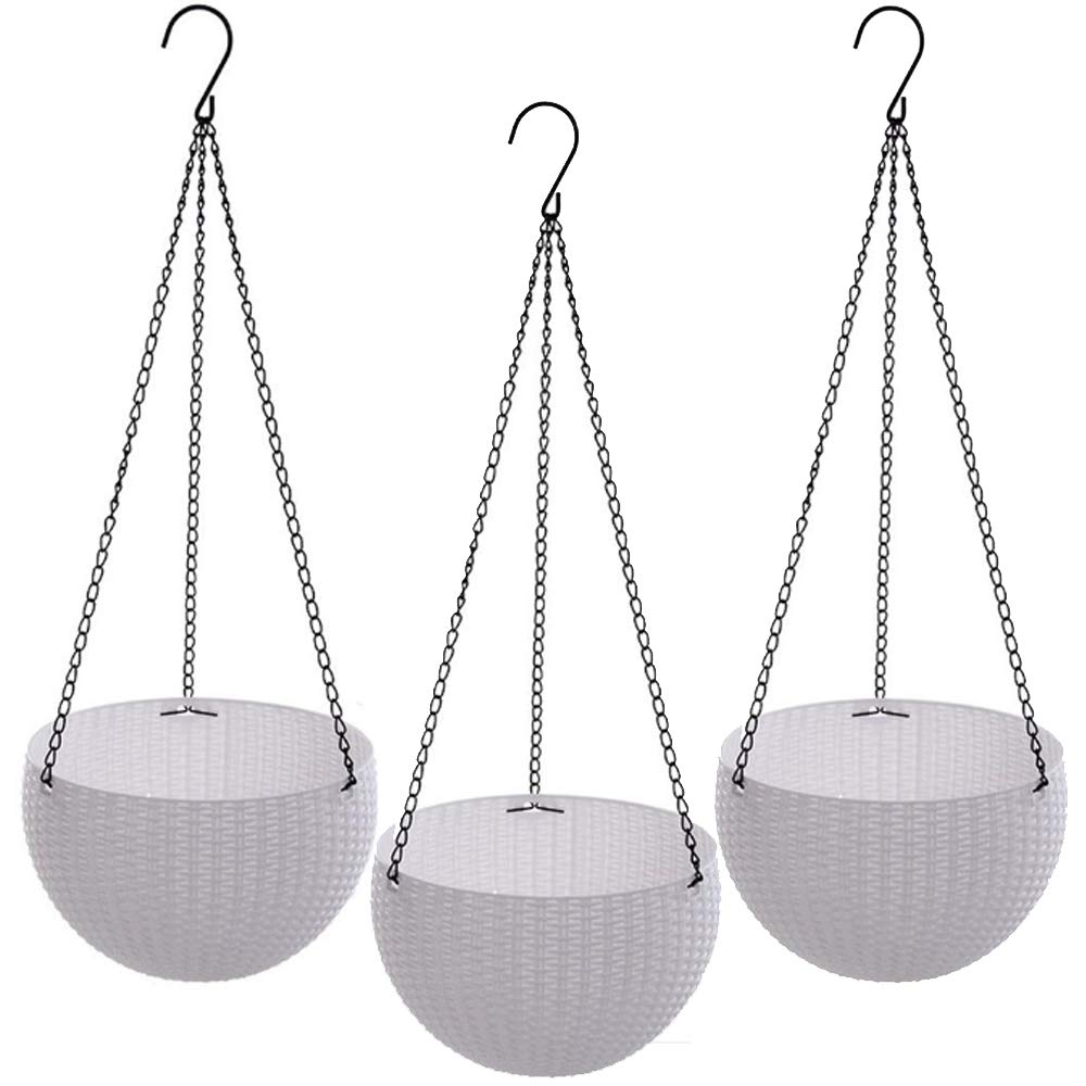 Go Hooked 7.1" Plastic Rattan Hanging Basket/Hanging Pots with Metal Hanging Chain/Hanging Planters Set of 3 (White) (Flowers Not Included)