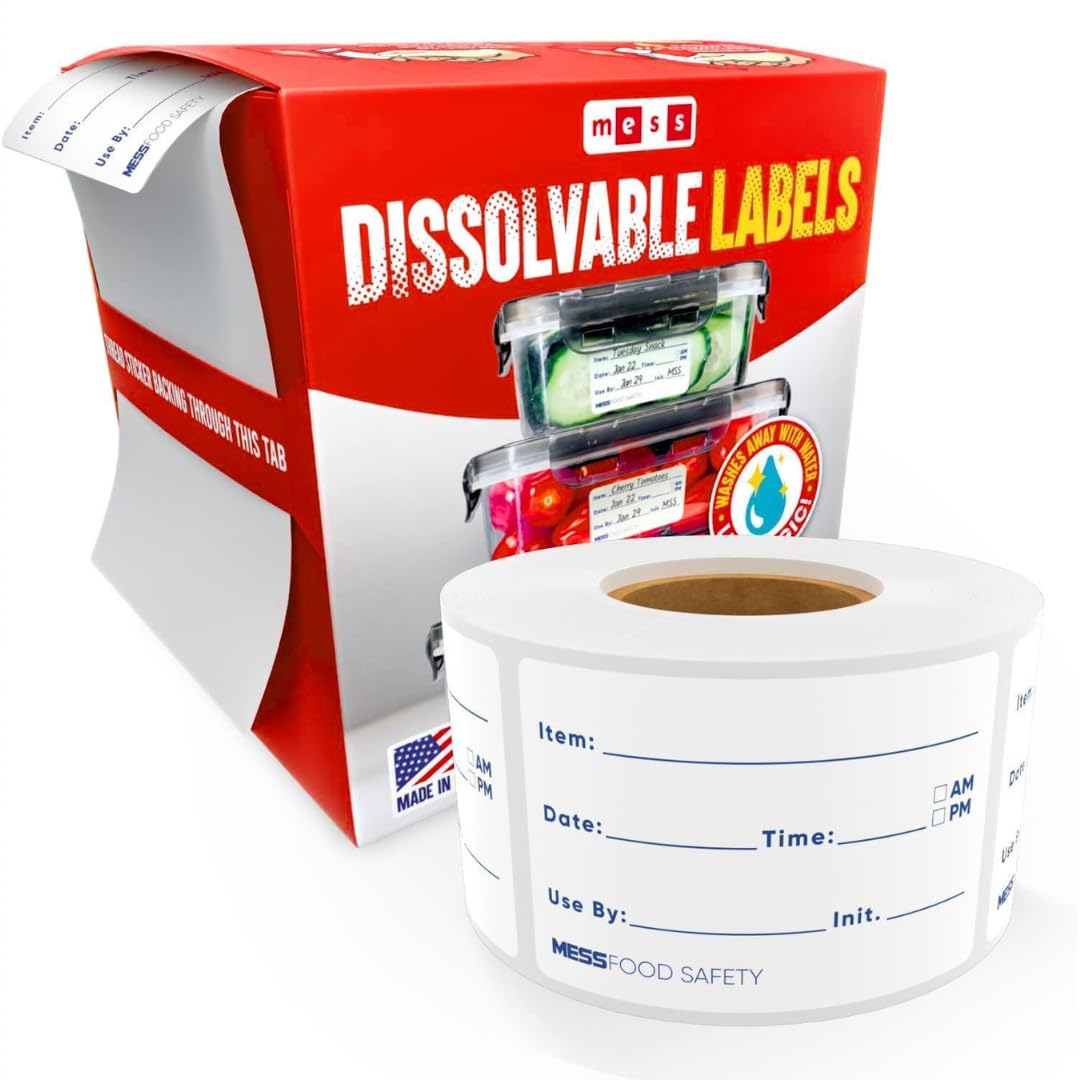 MESS Dissolvable Food Labels, Fill-in, 2x3 300/Roll - Dissolves in 30 Seconds or Less - Removable Pantry, Meal Prep & Food Storage Labels – Canning & Freezer Use