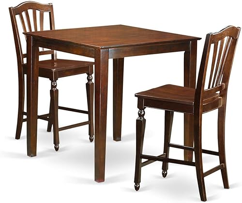 East West Furniture VNCH3-MAH-W - Juego de pub de 3 piezas de altura de mostrador para espacios pequeños que contiene una mesa cuadrada de comedor y
