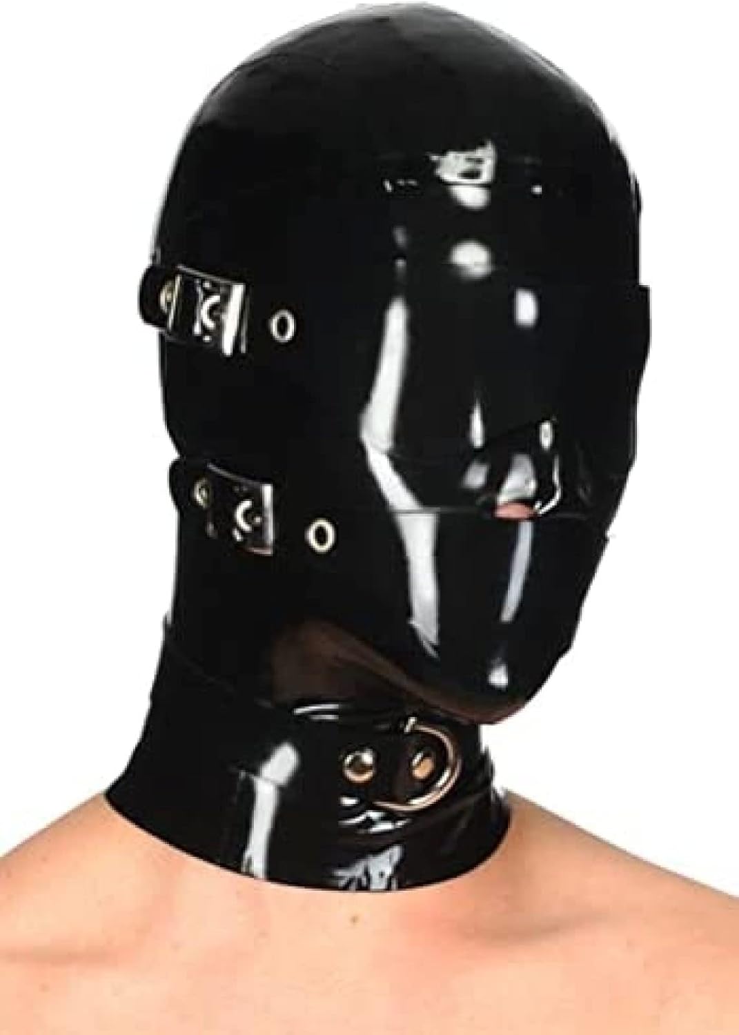 Sexy Black Latex Rubber Gummi Hood Mask Removable Eyes Mouth Patch Neck Collar,Blue,XX-Large