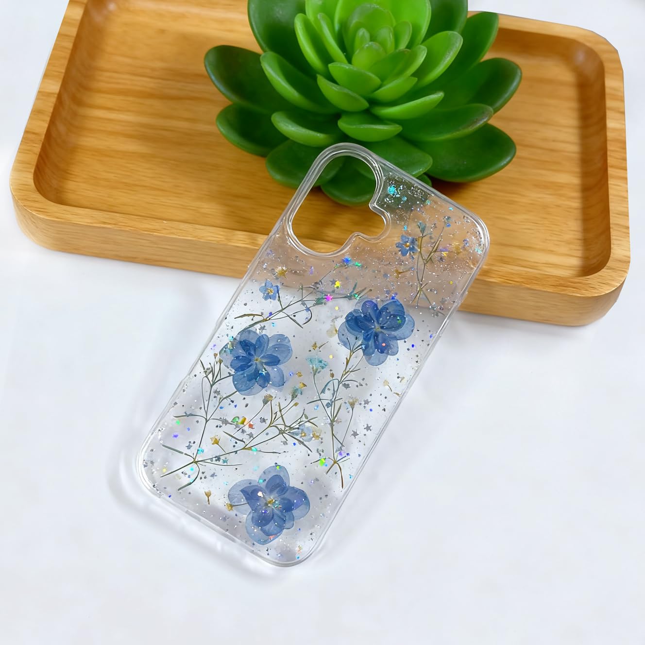 Funda Transparente para iPhone 16 Plus, diseño Floral con Flores Azules y violetas prensadas Reales, Bonito Brillo Brillante, Delgada, Suave, TPU, Transparente, para Mujeres y niñas