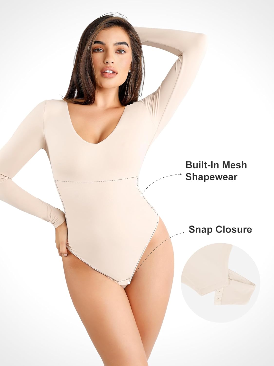 Popilush Long Sleeve Shapewear Bodysuit Thong Body Shaper Tummy Control Long Fall Body Suit for Winter