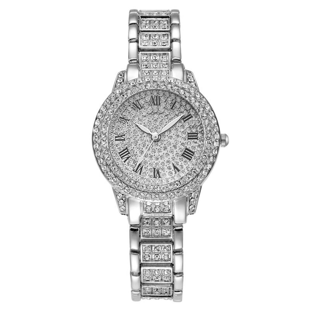 JoleritcXR72208 Luxurious Bling Full-Crystal Decorated Women Wristwatch Retro Classic Watch with Roman Numerals Analog Quartz Wristband Stylish Dress Watch with Alloy Strap