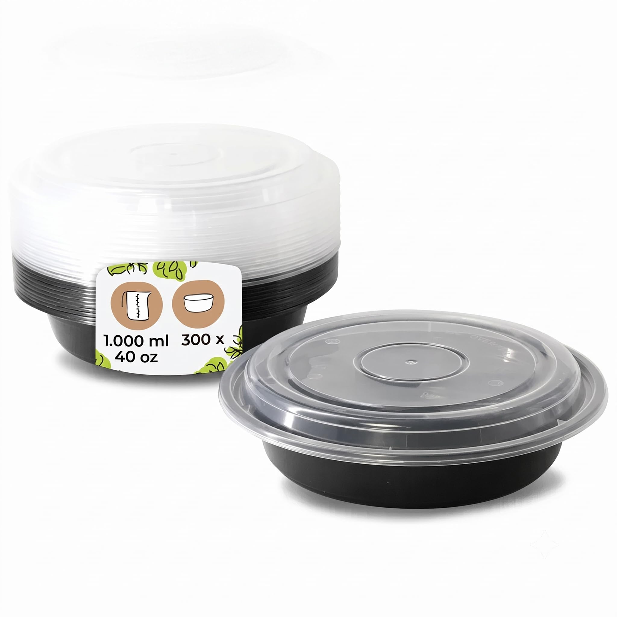 300x Mehrwegbox mit transparentem Deckel aus PP 1000 ml schwarz - Lebensmittelaufbewahrung mikrowellengeeignet & recycelbar - to-go Behälter