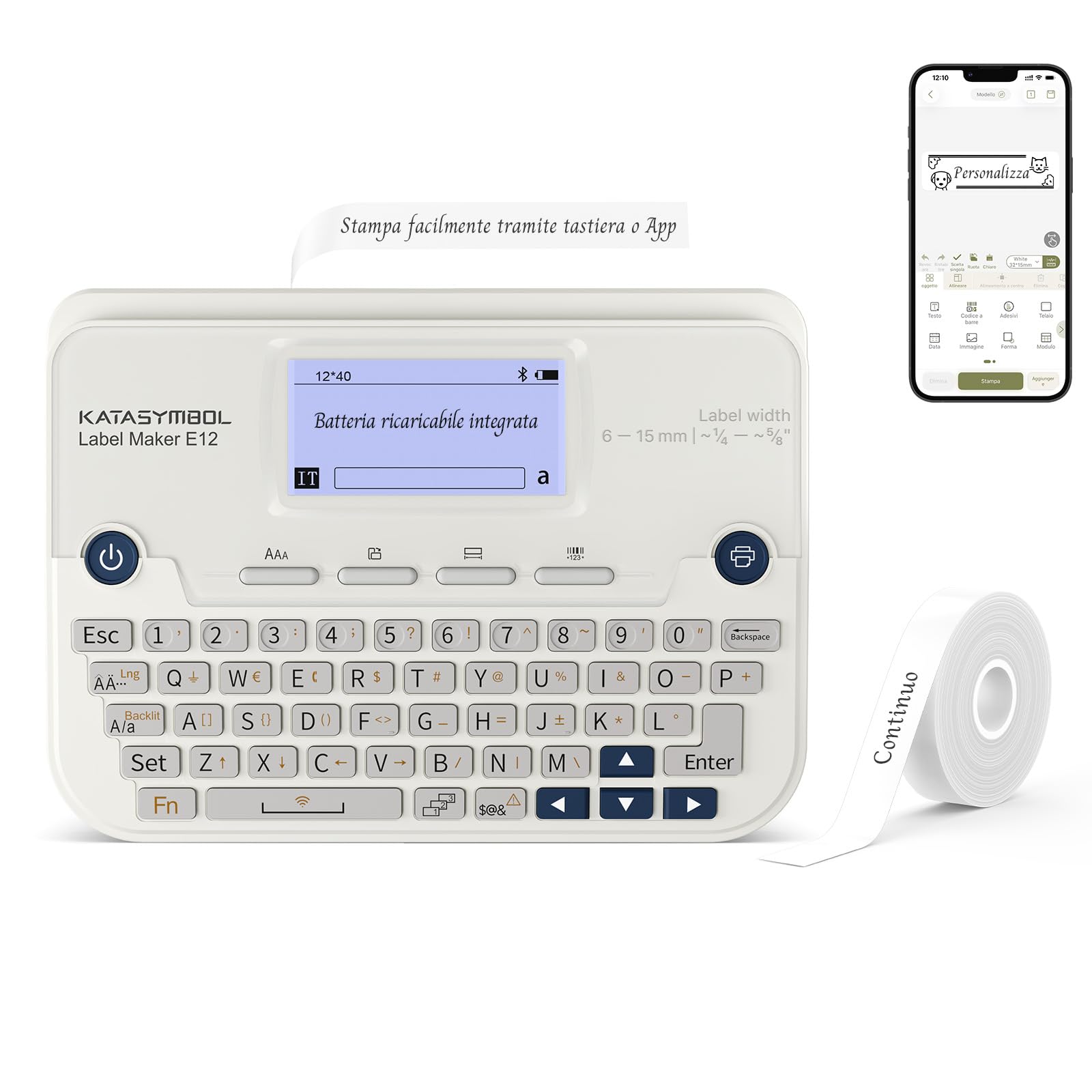 SUPVAN E12 - Etichettatrice con tastiera QWERTY, schermo grafico retroilluminato, per casa, ufficio e scuola, colore: bianco