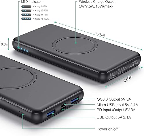 Miniatura 6 de Cargador portátil inalámbrico, 26800 mAh, 10 W, carga inalámbrica rápida, 18 W, PD QC 3.0, cargador de batería externa, 4 salidas y entrada dual,