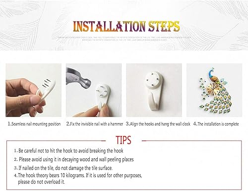 Miniatura 3 de Reloj de pared grande de pavo real, 29.5 pulgadas, reloj de pared grande de pavo real, decoración de cristal, hierro forjado y esfera metálica,