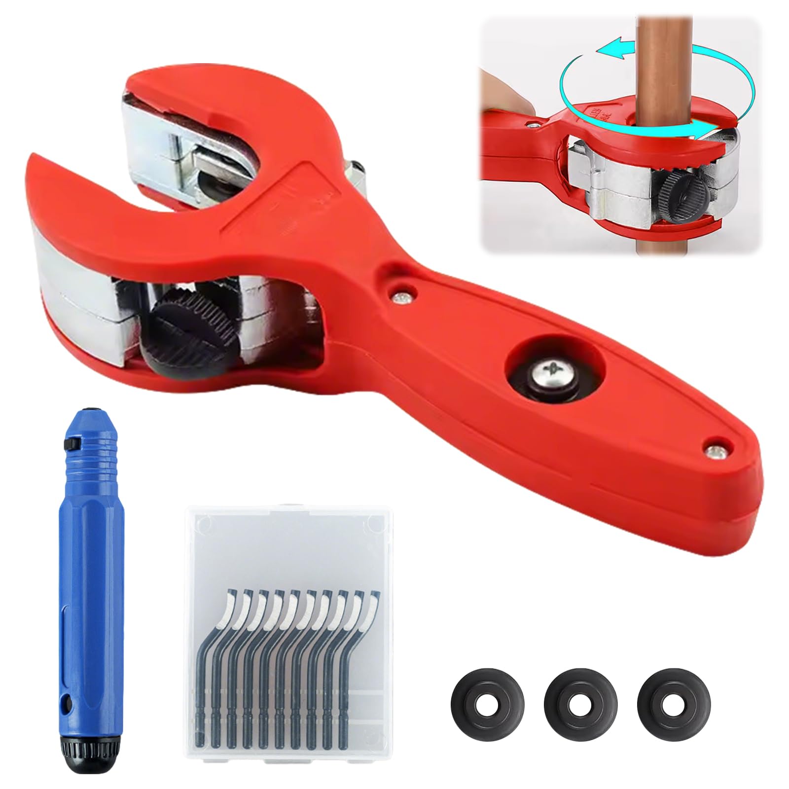 Cortador de tubos de trinquete con 3 ruedas de repuesto y herramientas de desbarbado, 8-29 mm, cortador de tubos de cobre, cortador de tubos de precisión, acero inoxidable, tubos de cobre, adecuado