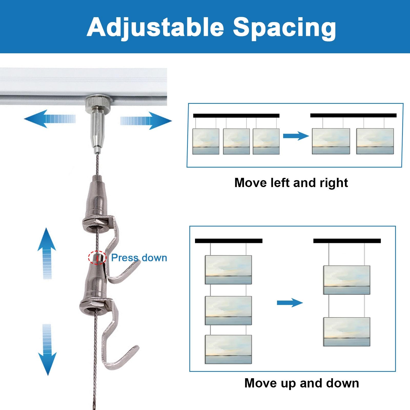 Sistema de suspensión ajustable de aluminio con alambre de acero inoxidable y hoo, perfecto para galería, museo, hogar y oficina (cable de 98 pulgadas, pista de 43.3 pulgadas)