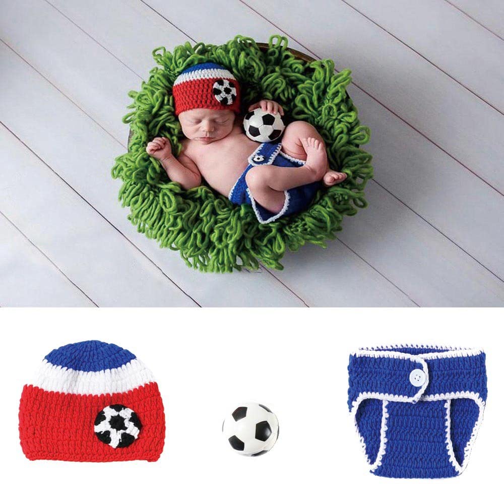 YUPPIN Infant Football Photography Props Crochet Costume Outfits Red Hat+Blue Soccer Outfit for 0-3 Months Newborn Baby Boy Girl