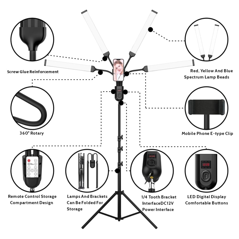 Andoer Luce Video LED Flessibile a 4 Bracci per Fotografia Foto-video LED Luce per Selfie Lampada Cosmetica Luce di Riempimento per Tatuaggi Trucco Live Streaming e Studio Fotografico Studi
