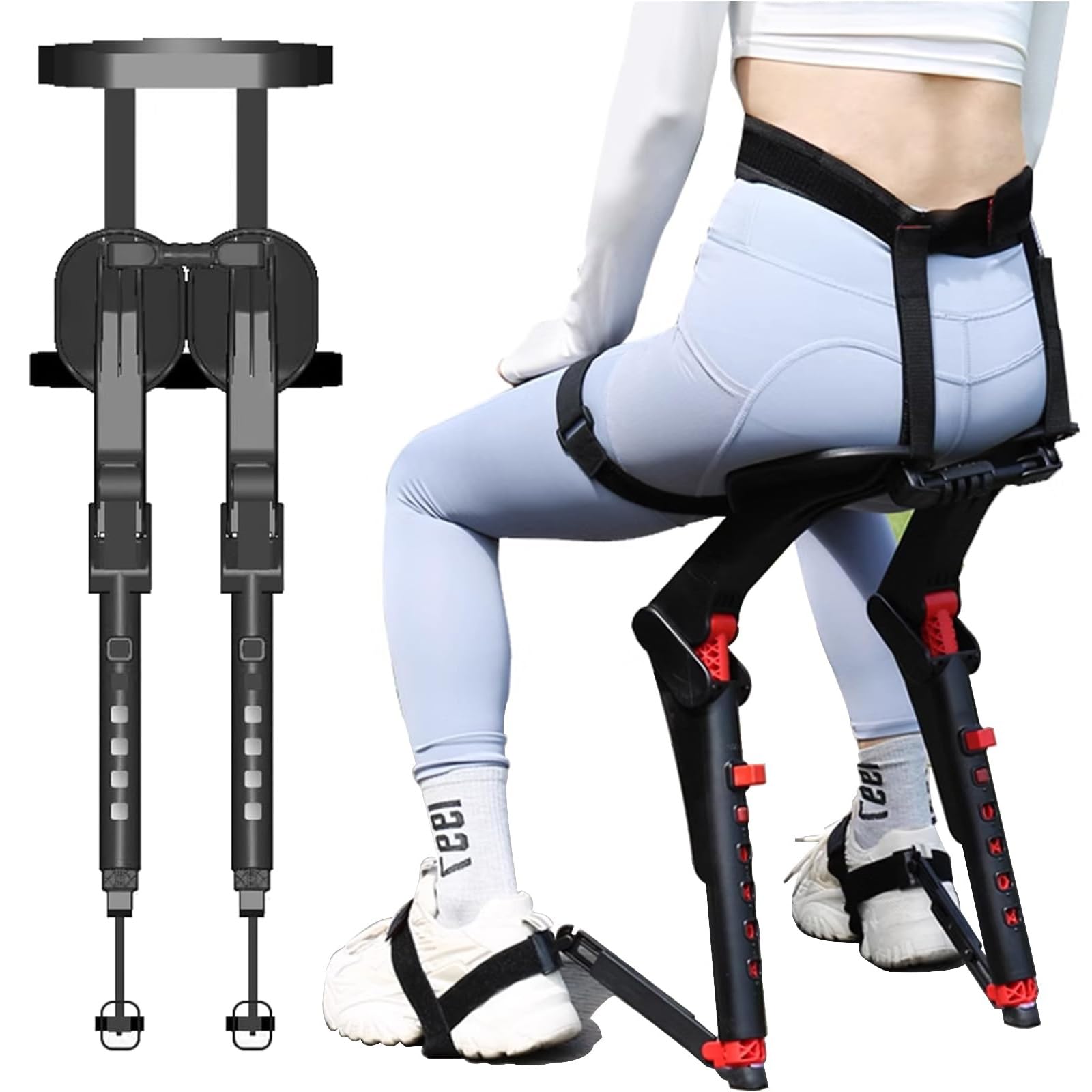 Adjustable Wearable Invisible Chair, Ergonomic Exoskeleton Seat for Hands-Free Comfort, Lightweight & Portable Design, Supports Up to 150kg(Black)