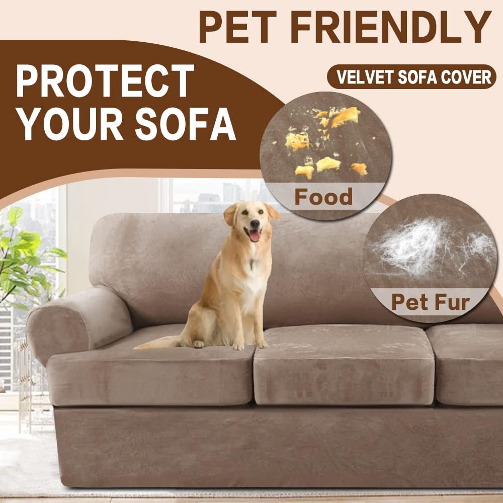 Velvet T-Cushion Sofa Cover 3-Piece Set – Stretchable Loveseat Sofa Slipcover for 2-Seater Couches, Includes 2 T-Cushion Covers – Soft Furniture Protector (Taupe, Loveseat XL)