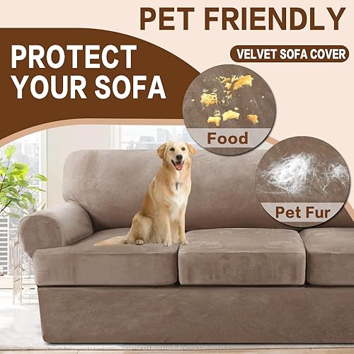 Miniatura 4 de Funda de sofá de terciopelo con cojín en forma de T, 3 piezas, protector de muebles, funda elástica para sofá biplaza de 2 cojines con 2 fundas