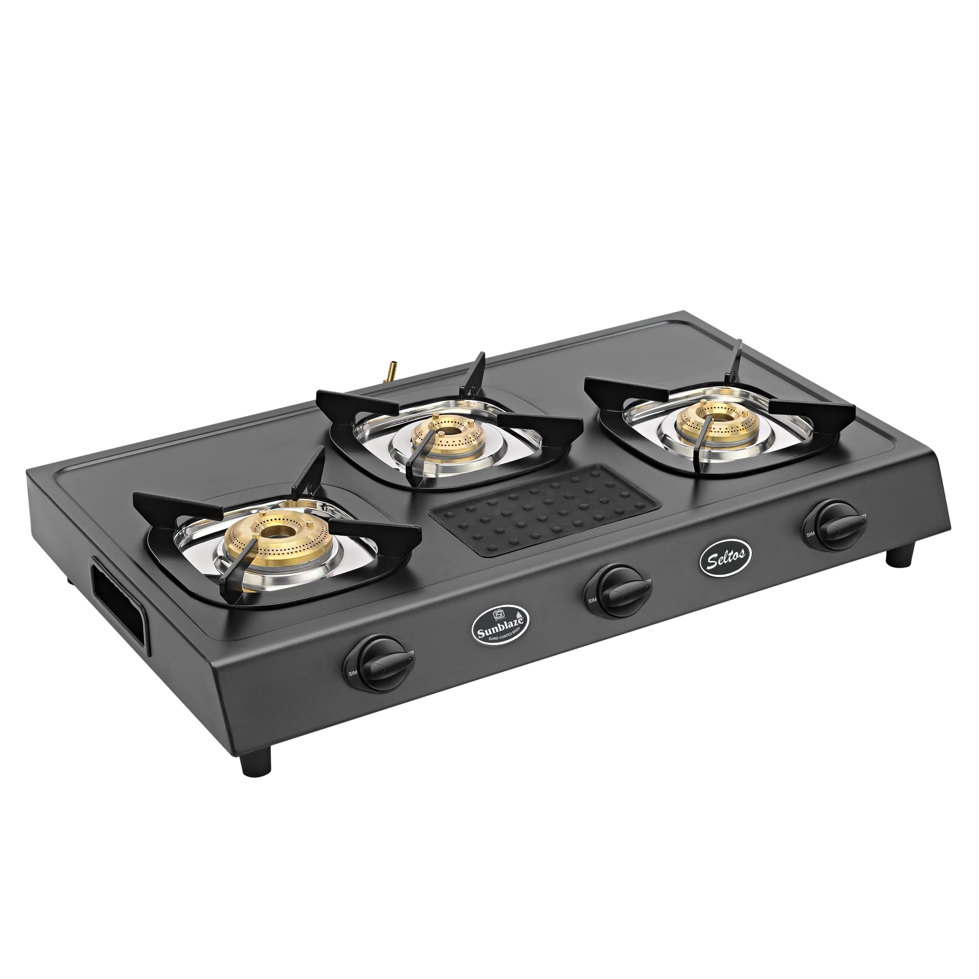 Sunblaze Seltos 3 Burner Gas Stove, Euro Coated, Lighter Holder, Silicon Accessory Mat, Sturdy Heavy Pan Support, Removable Drip Tray, 2 Years Manufacturer Warranty, ISI Certified, Door Step Customer Service