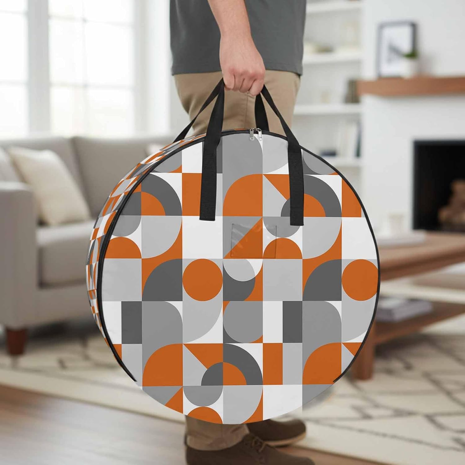 Nordic Retro Round Storage Bag 36 Inch, Orange Grey Geometric Abstract Art Clothes Storage Container with Handles Heavy Duty Organizer for Comforter, Bedding & Holiday Wreaths