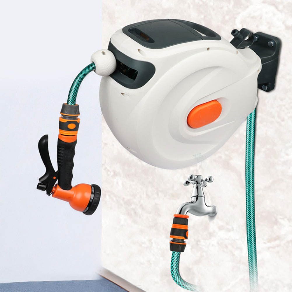 Carrete de manguera retráctil automático con pistola de pulverización de agua de 6 modos, montaje en pared, giratorio de 180° para lavado de coches, limpieza de patio y baño de mascotas, 10 m/20 m de