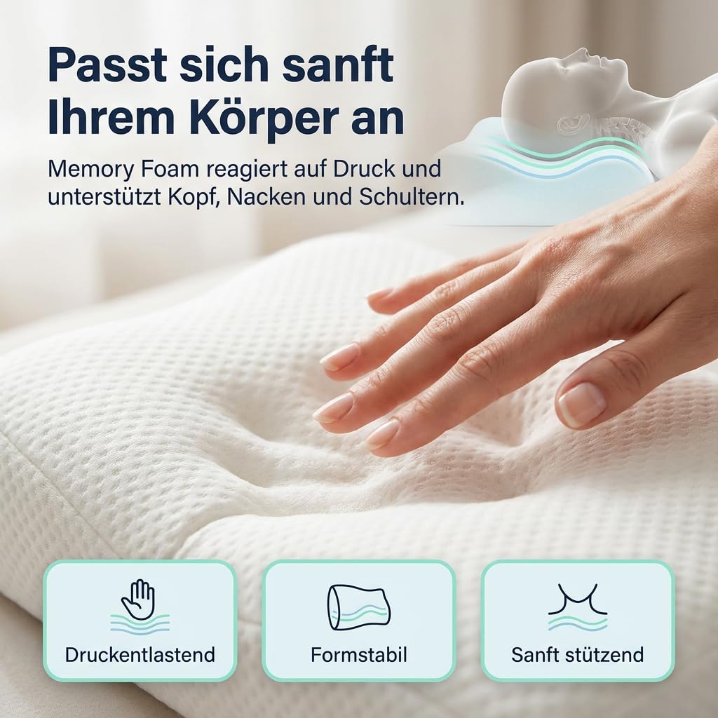 Orthopädisches 4D Kopfkissen - Nackenkissen gegen Nackenschmerzen | Anti Schnarch Memory Foam Nackenstützkissen Rücken-, Bauch- & Seitenschläferkissen Deutsche Entwicklung, Höhenverstellbar