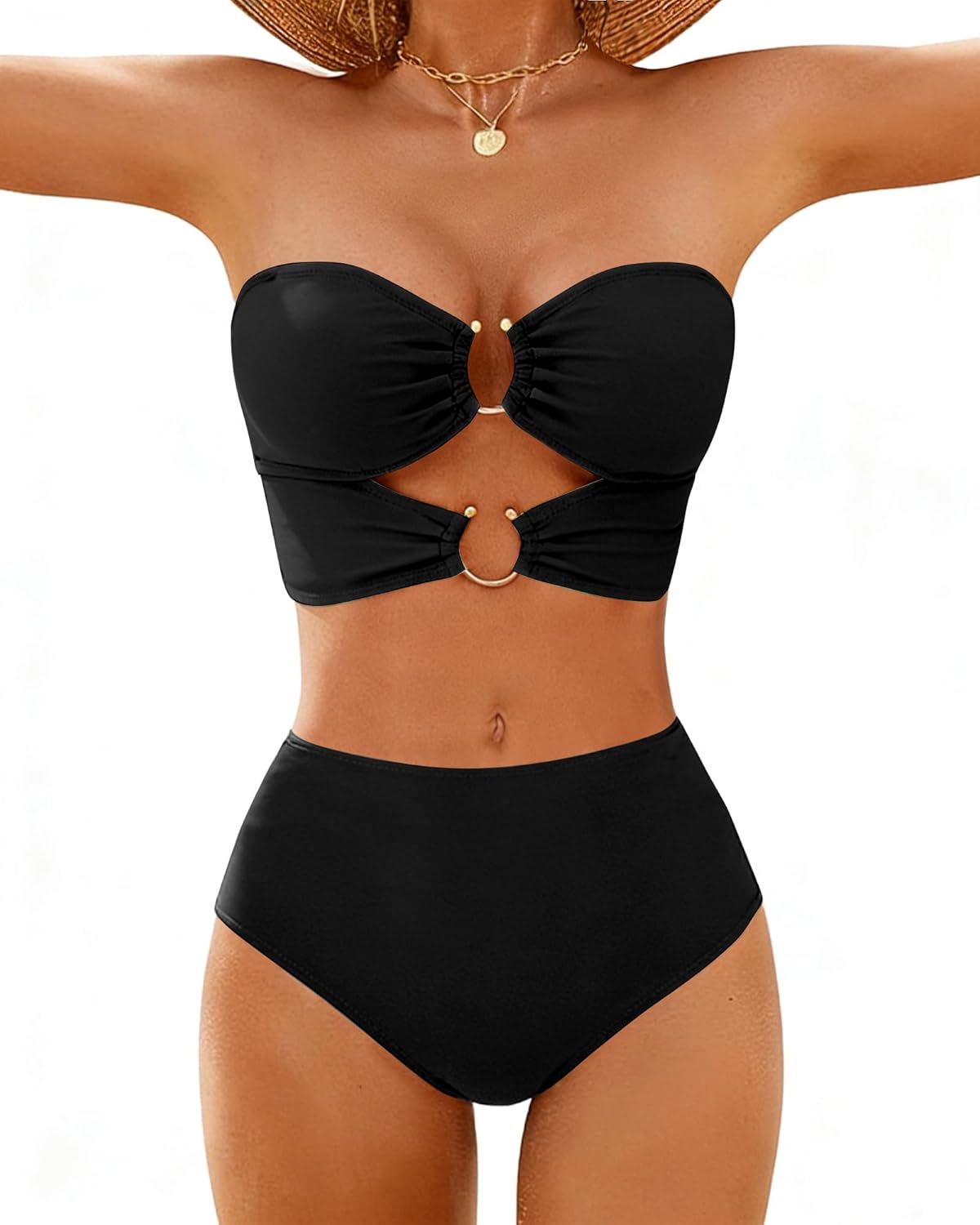 Jolefille 2 Piece Swimsuit for Women Strapless Bathing Suit High Waisted Bikini Sets Full Coverage Bandeau Swim Suits Teens