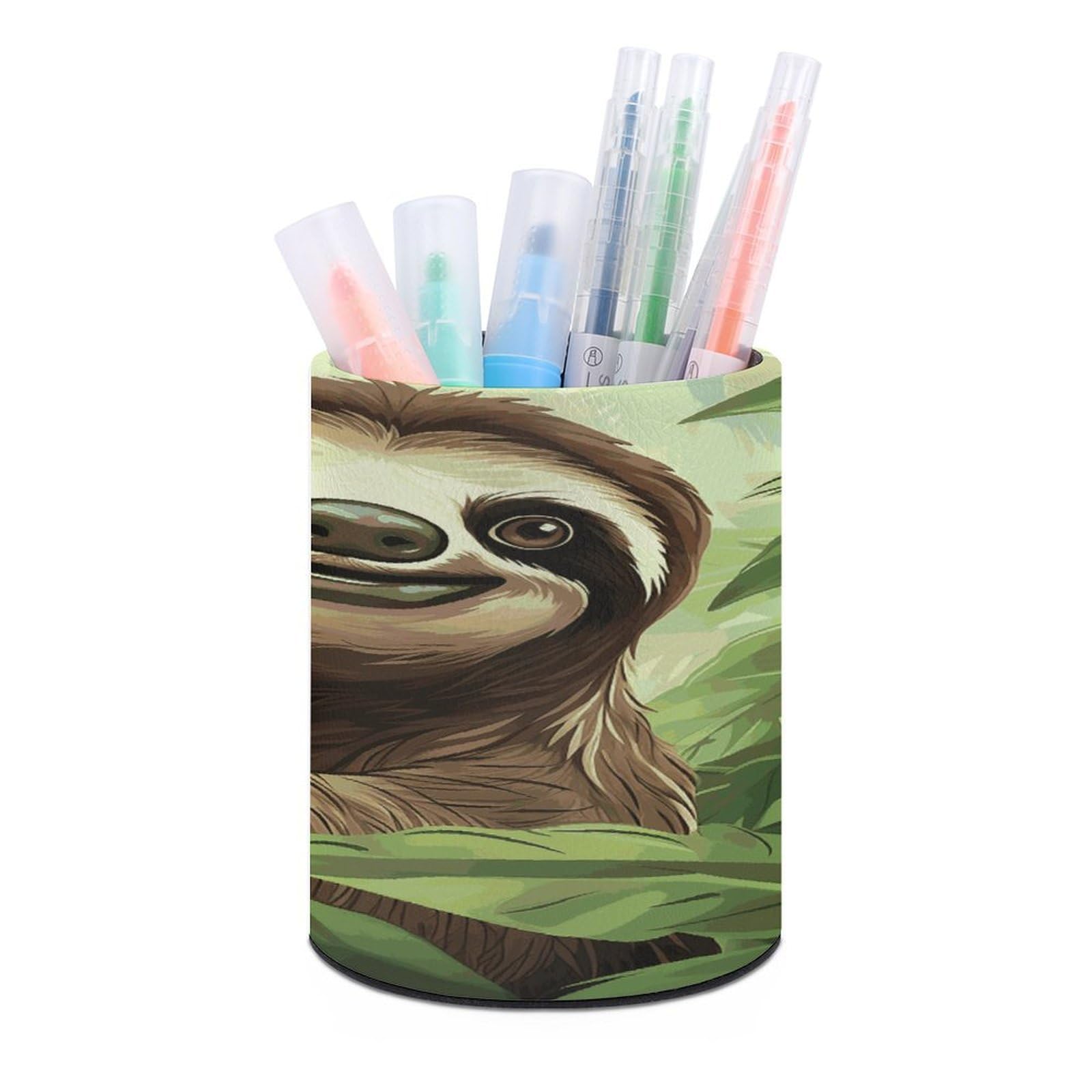 LDGSUPH Sloths Background1 Round Pen Holder Leather Pen Cup Pencil Cup Pen Organizer Pencil Holder for Desk Organizer Pencil Organizers Makeup Brush Holders for Home Office Gift