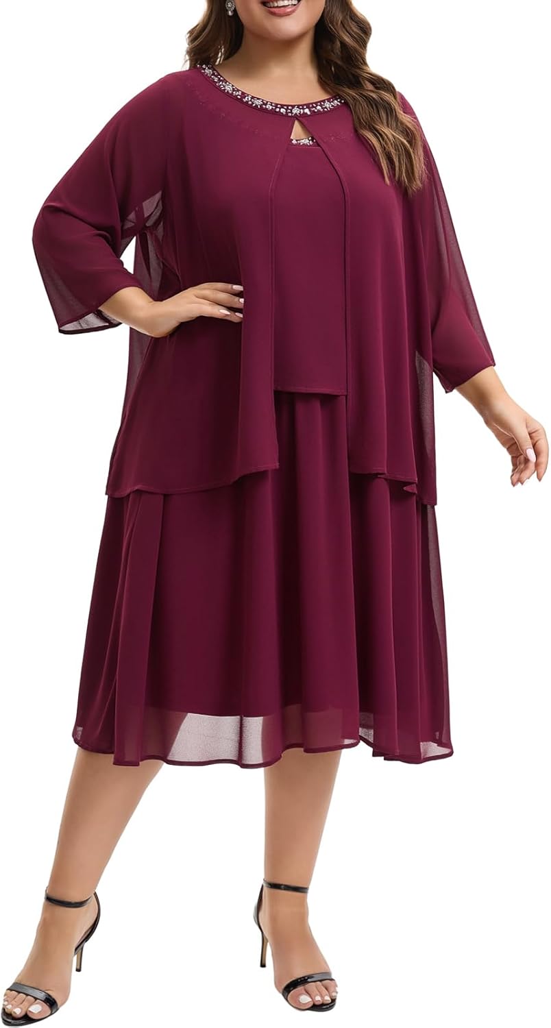 Plus Size Mother of The Bride Chiffon Dress and Jacket 2 Piece Set with Beaded Round Neck for Formal Wedding Guest Outfit - Image 4