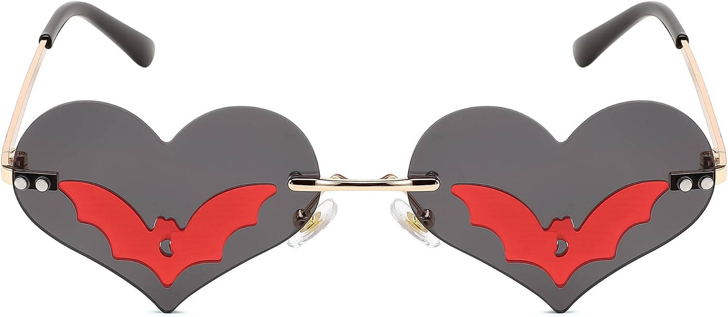 FEISEDY Halloween Heart Shape Bat Rimless Transparent Candy Color Women Men Party Sunglasses B4148