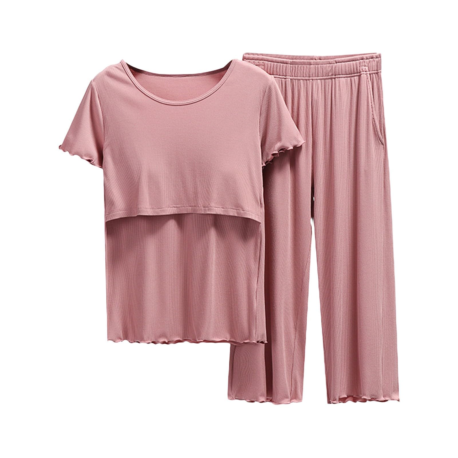 Generisch Pyjama Femme Court Amusant Allaitement Femmes Chemise et Ensemble T Bébé Maternité Tops Short Pantalon Maternité Sommeil Manteau Longueur Genou Femme