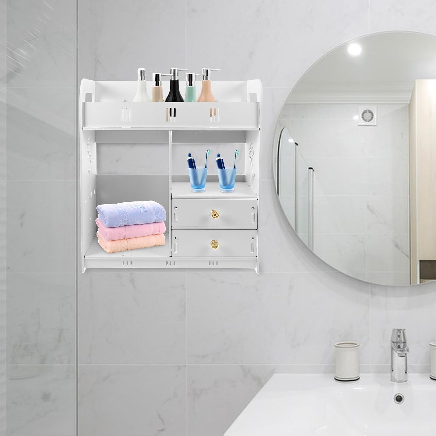 White Plastic Wall Hanging Shelf with Multiple Layers and Drawer Design Water-Resistant Wall Organizer for Bathroom Storage Easy Access for Home