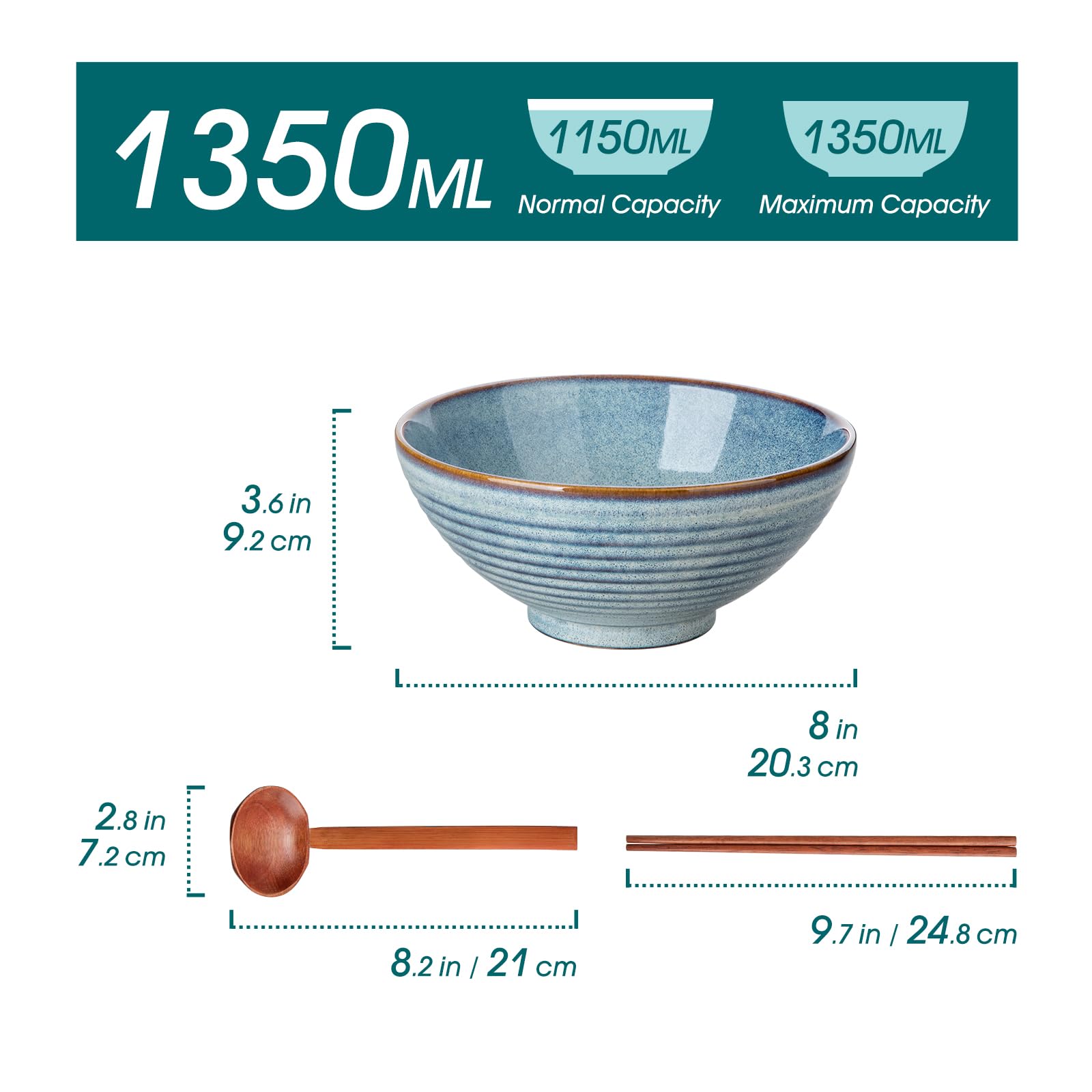 vancasso Bol Ramen Céramique 2 x 1350ml, Baguettes & Cuillères, Bleu Clair