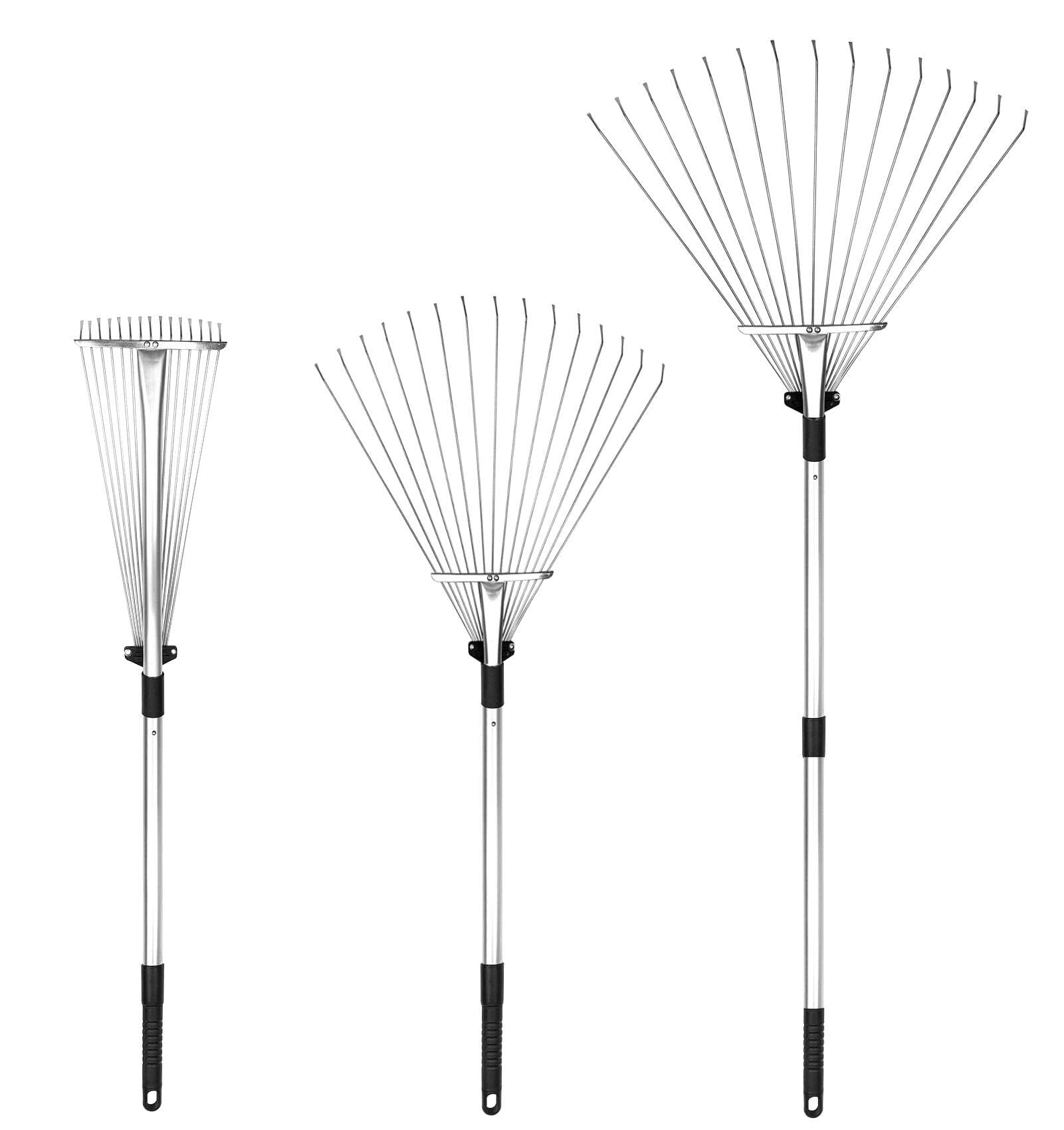 Buyplus Adjustable Garden Leaf Rake - 24 to 63 Inch Telescopic Metal Rake, Expandable Folding Leaves Rake for Lawn Yard, Flowers Beds and Roof, Black
