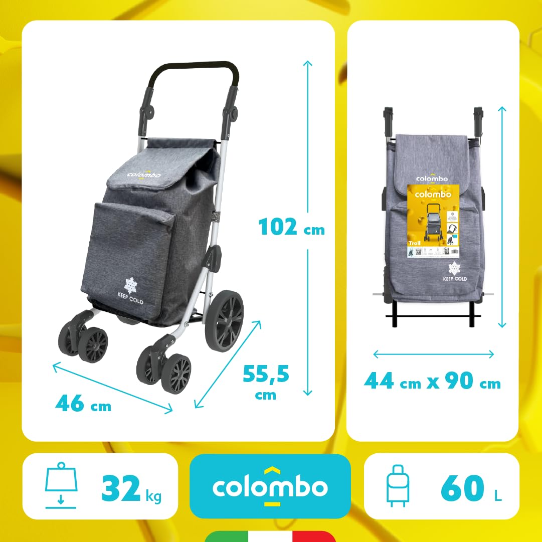COLOMBO Troll Carrello Spesa in Alluminio Leggero e Resistente 60L con Borsa Termica 4L, 6 Ruote Push&Pull, Manubrio Regolabile Antiscivolo, Porta Monete – Carrello Spesa Pieghevole, Salvaspazio