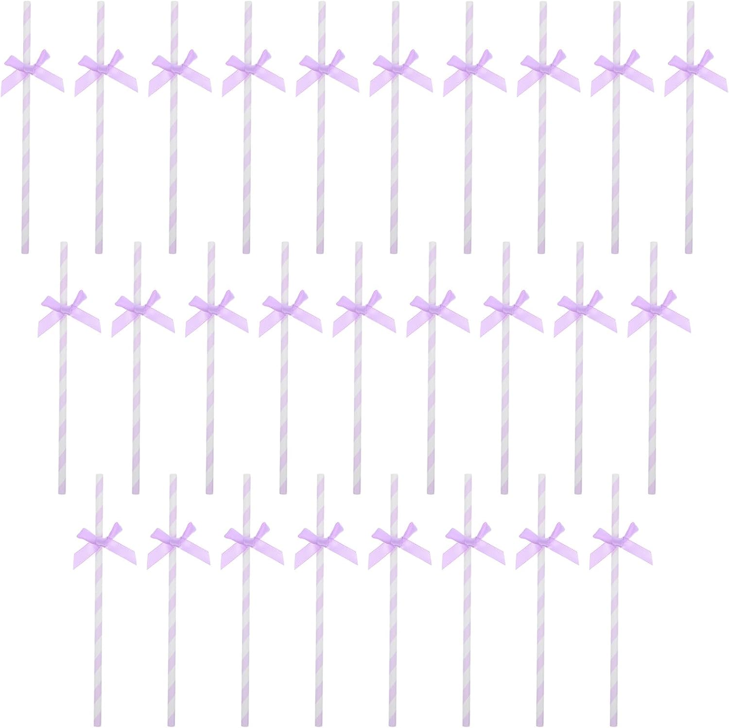 60pcs Disposable Purple Paper Straws with Bow Decoration, Creative Decorative Drinking Straws for Birthday Party Cake and Festival Supplies