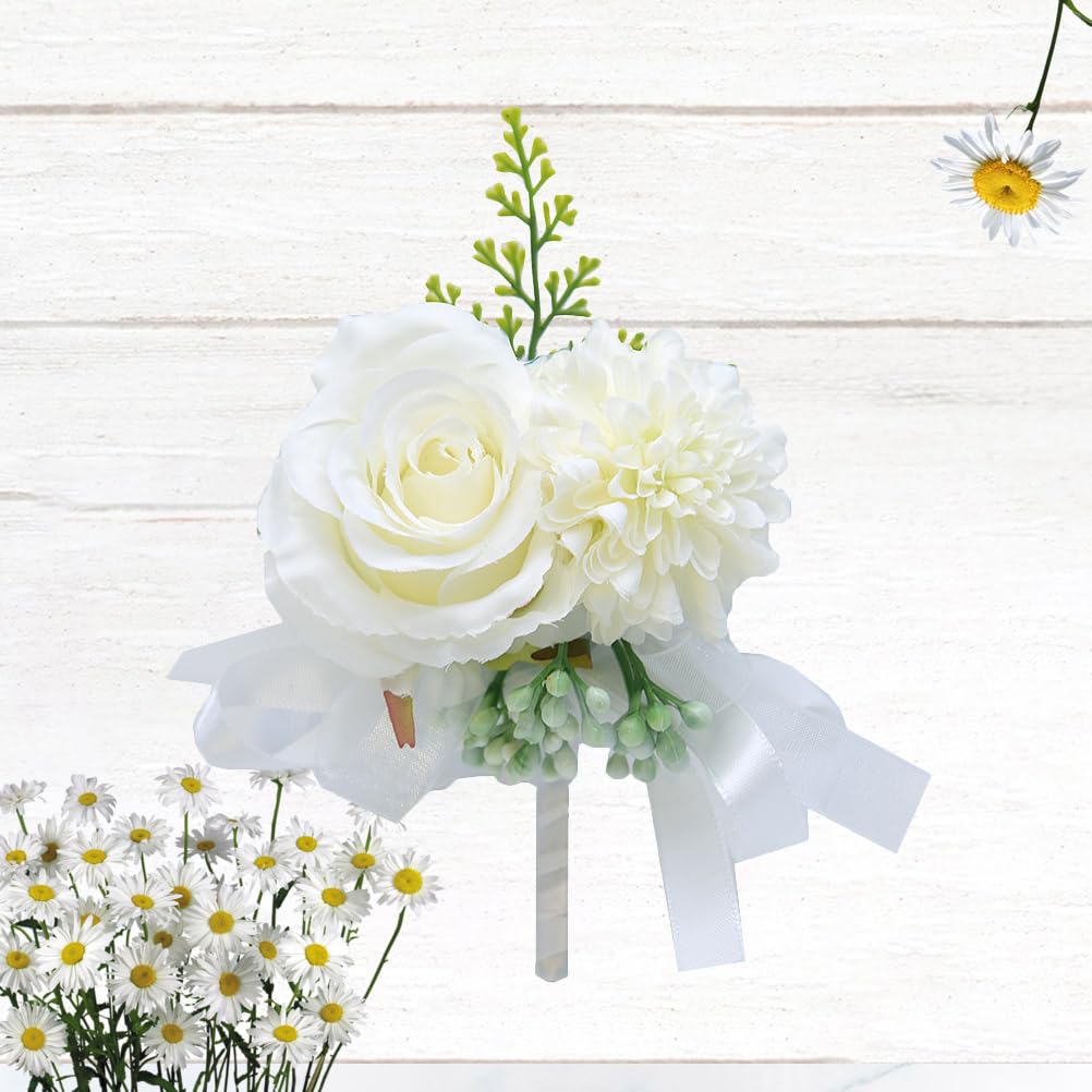 LIFKOME Bridal Corsage Simulated Flower Brooch Pin for Bride Groom Wedding Dress Decoration Elegant White Floral Boutonniere for Special Occasions - Image 4