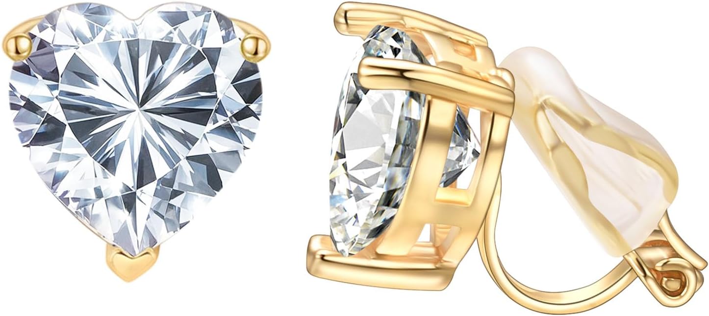 Yoursfs Simple Cubic Zirconia Clip On Earrings Heart Hypoallergenic Trendy Non Pierced Earrings