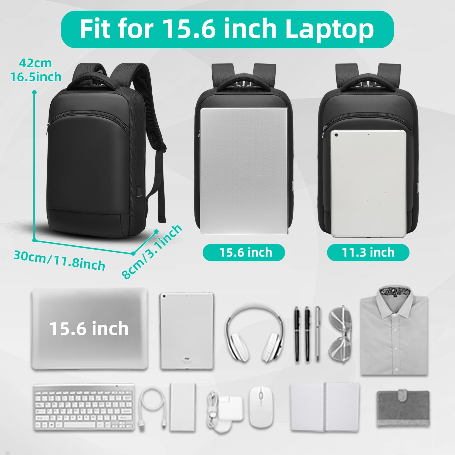 Sac à Dos PC Portable 15.6 Pouces Homme Impermeable USB Charging Port Voyage Travail Noir