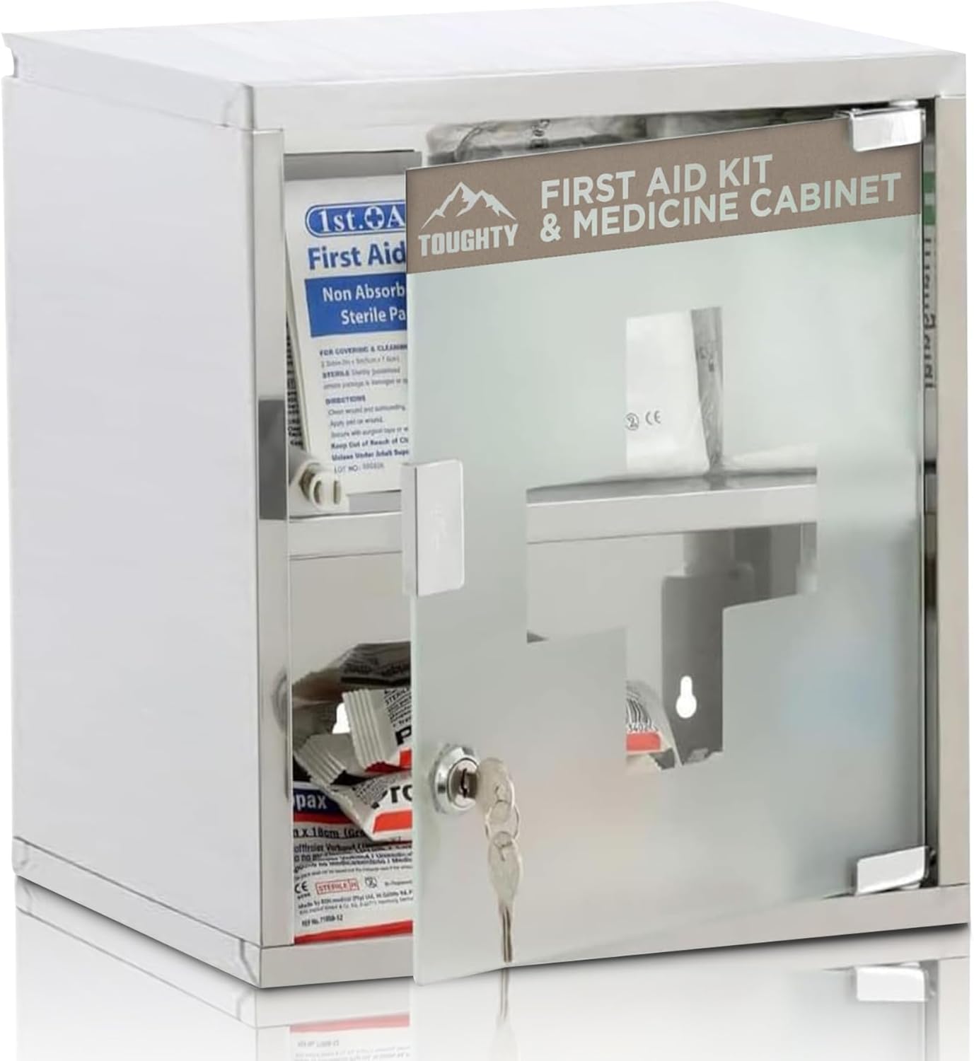 Toughty Locking Medical Cabinet - Wall-Mounted First Aid Organizer for Medical Storage - Secure Metal First-Aid Cabinet for Bathroom, Kitchen & RV - Stainless Steel Wall Storage w/ 2 Shelves, Medium