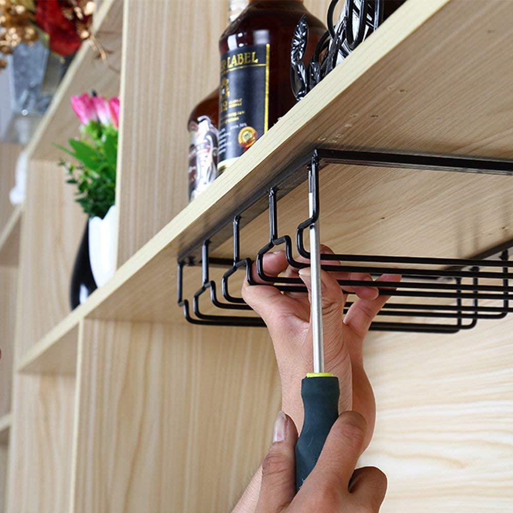 W-603 2 Stück 5 Reihige Schwarz Halterung für 10 Tassen, Metall, zum Aufhängen unter dem Schrank, für Weingläser, Sektgläser, Kelche und Stielgläser